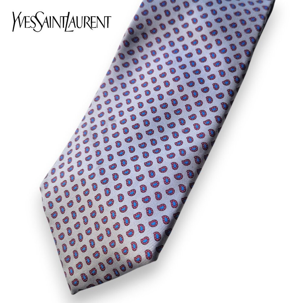 Yves Saint Laurent Neckwear Silk TIE Grey Paisley Foulard Handmade Vintage YSL